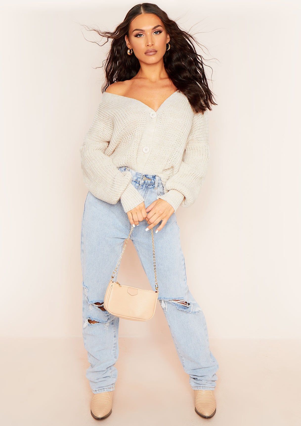 Clarice Beige Thick Knit Oversized Button Cardigan sold by Missy Empire product image thumbnail 4