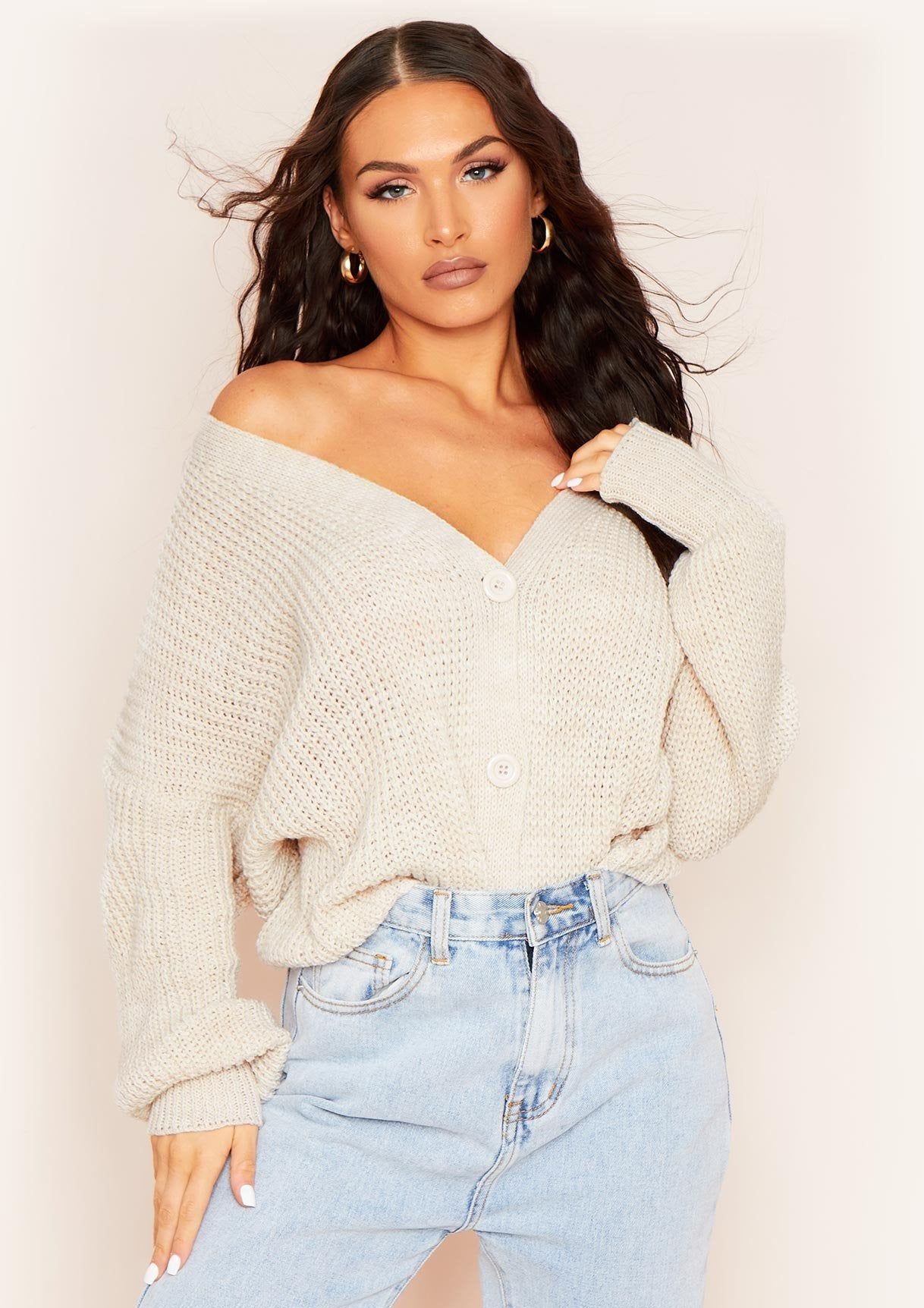Clarice Beige Thick Knit Oversized Button Cardigan sold by Missy Empire