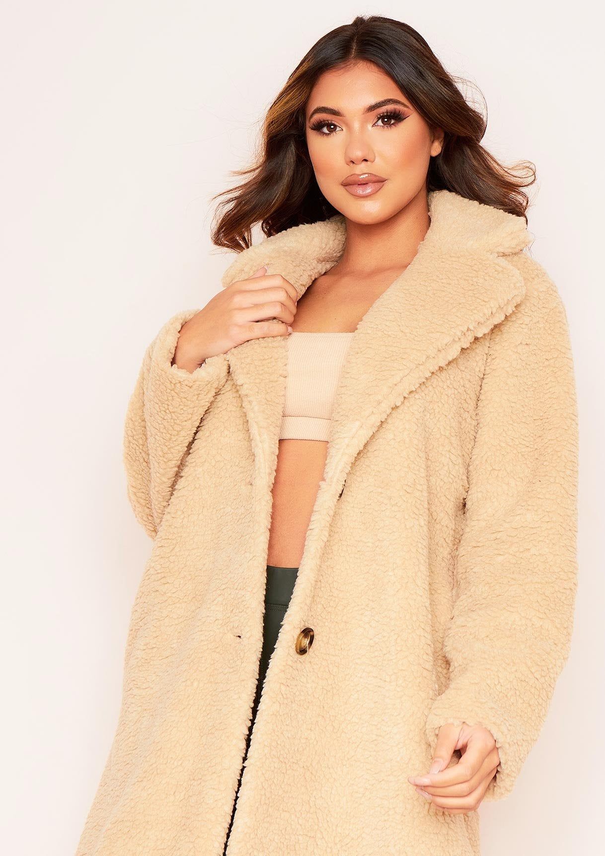 Bella Beige Longline Borg Fur Coat sold by Missy Empire product image thumbnail 4