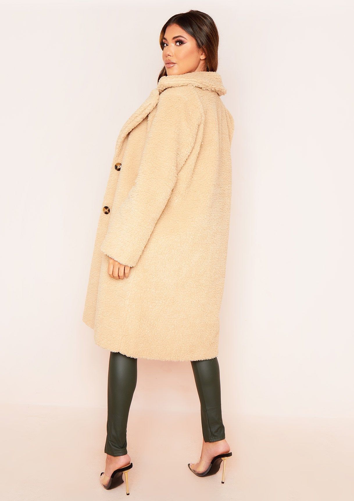 Bella Beige Longline Borg Fur Coat sold by Missy Empire product image thumbnail 2