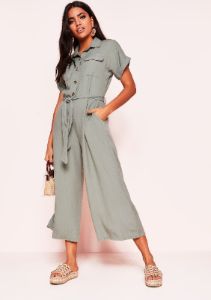 Abigail Khaki Button Belted Culotte Jumpsuit sold by Missy Empire