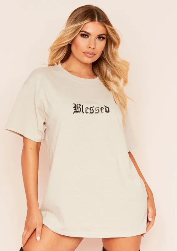 Amber Sand Blessed Slogan Oversized T-Shirt sold by Missy Empire