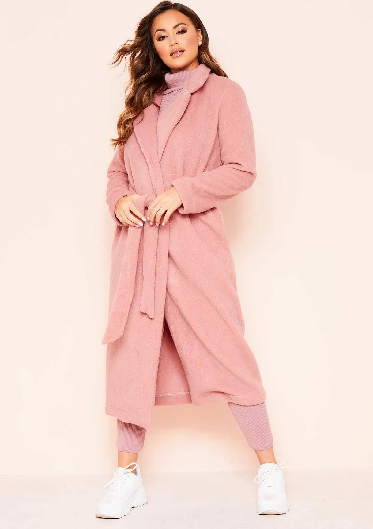 Avarel Pink Longline Belted Wool Coat sold by Missy Empire product image thumbnail 4