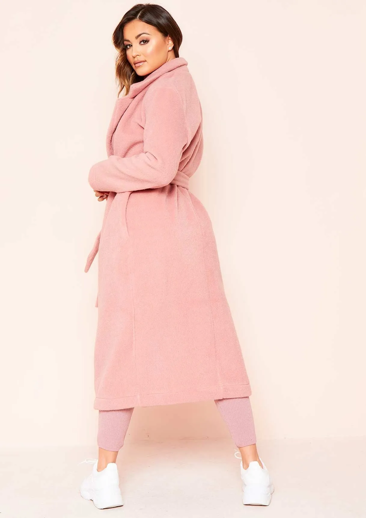 Avarel Pink Longline Belted Wool Coat sold by Missy Empire product image thumbnail 2