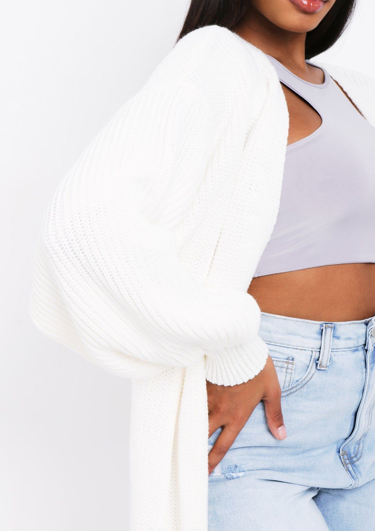 Jimena Cream Balloon Sleeve Knitted Cardigan sold by Missy Empire product image thumbnail 4