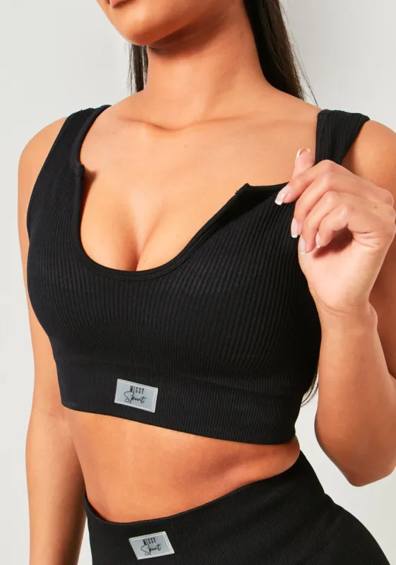 Hayley Black Missy Sport Ribbed V Neck Crop Top sold by Missy Empire