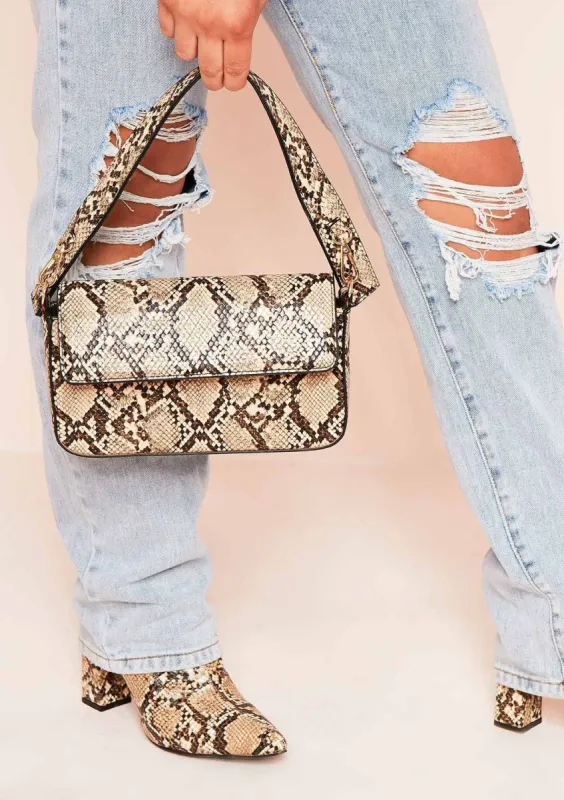 Jess Brown Snake Print Shoulder Bag sold by Missy Empire