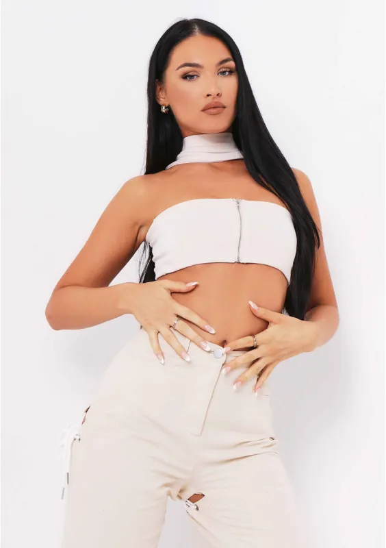 Anita Sand Ribbed Knit Zip Bandeau Crop Top made by Missy Empire