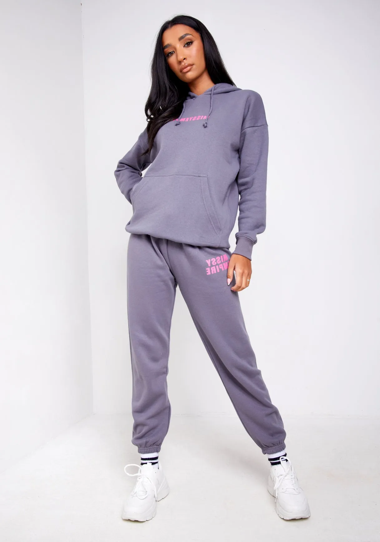 Cleo Charcoal Oversized Printed Joggers sold by Missy Empire