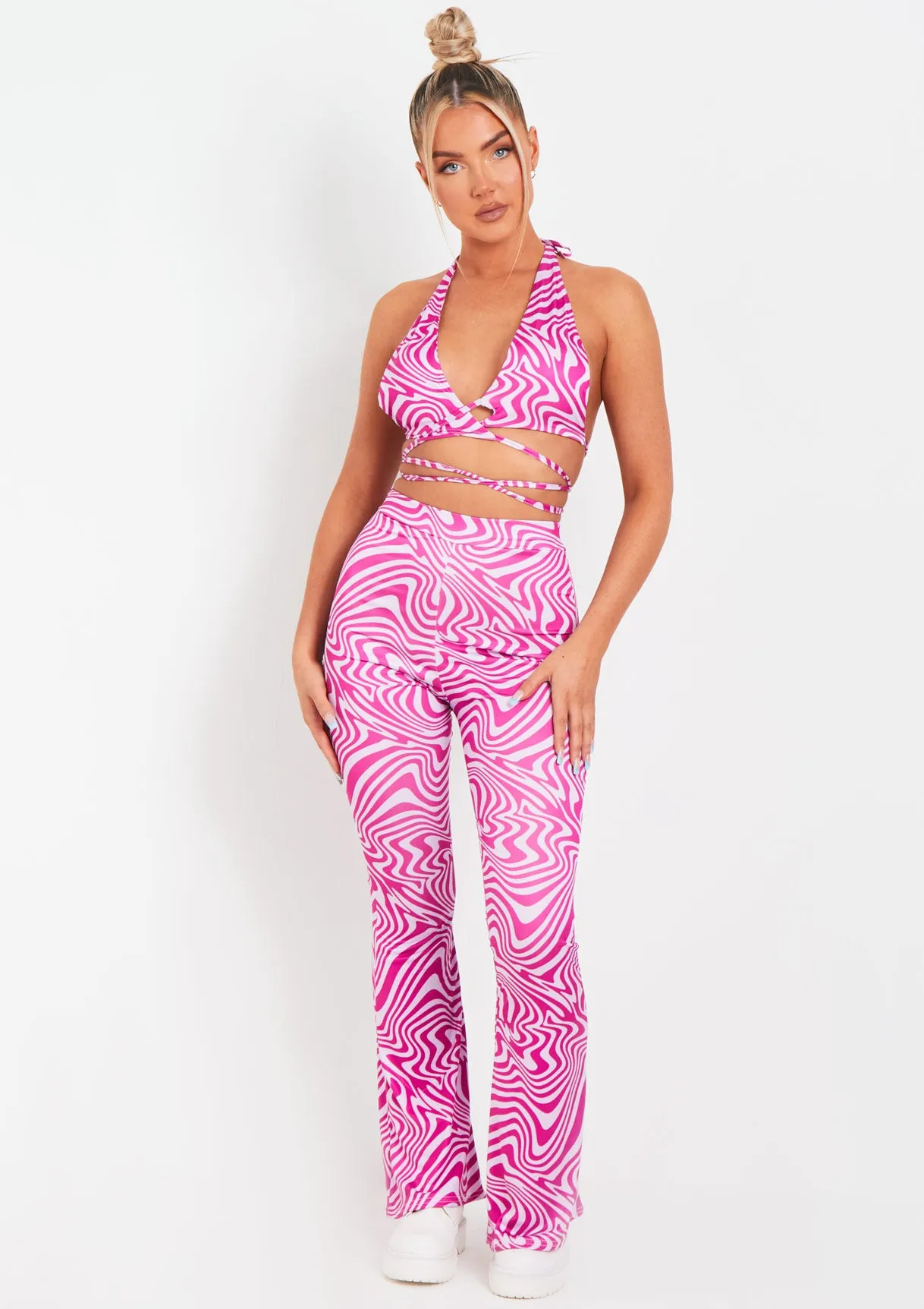 Odette Purple Swirl Print Flared Trousers sold by Missy Empire