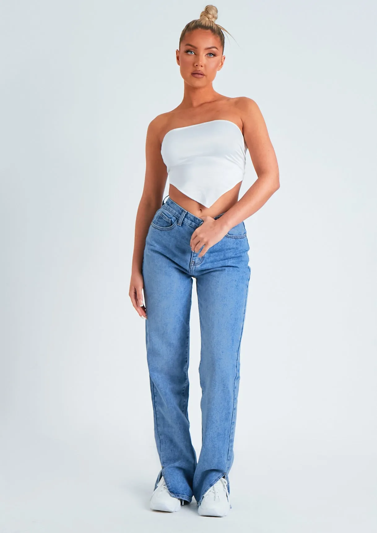 Perrie Denim Mid Wash Straight Leg Split Detail Jeans sold by Missy Empire