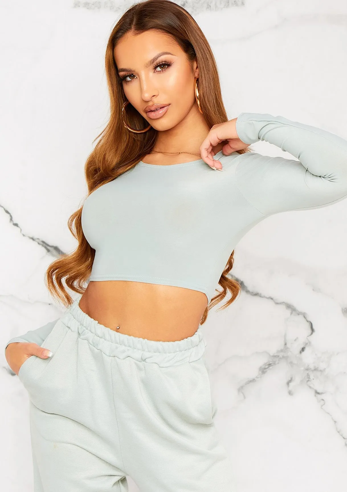 Amida Olive Long Sleeve Crew Neck Smooth Crop Top sold by Missy Empire product image thumbnail 5