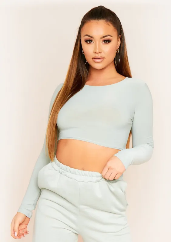 Amida Olive Long Sleeve Crew Neck Smooth Crop Top sold by Missy Empire