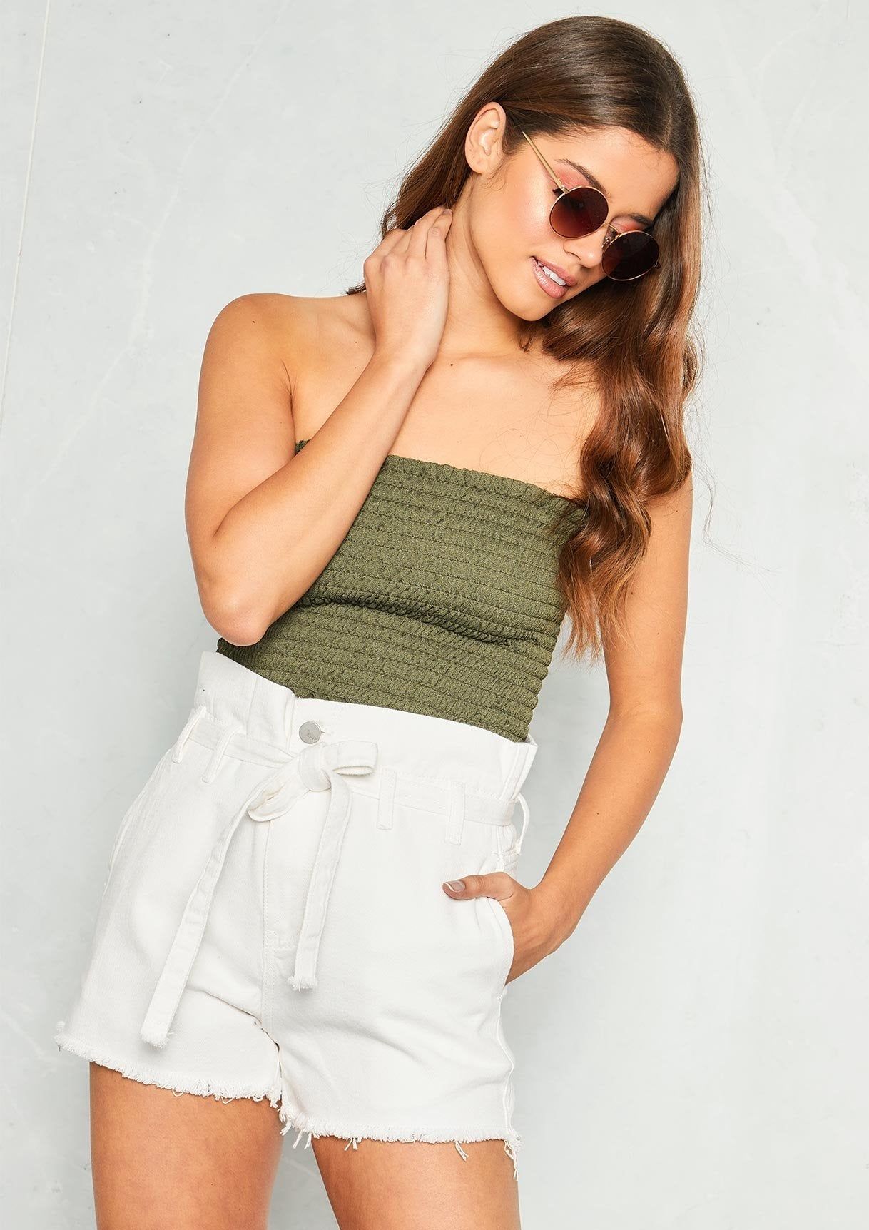 Lydia Khaki Smock Bandeau Crop Top sold by Missy Empire