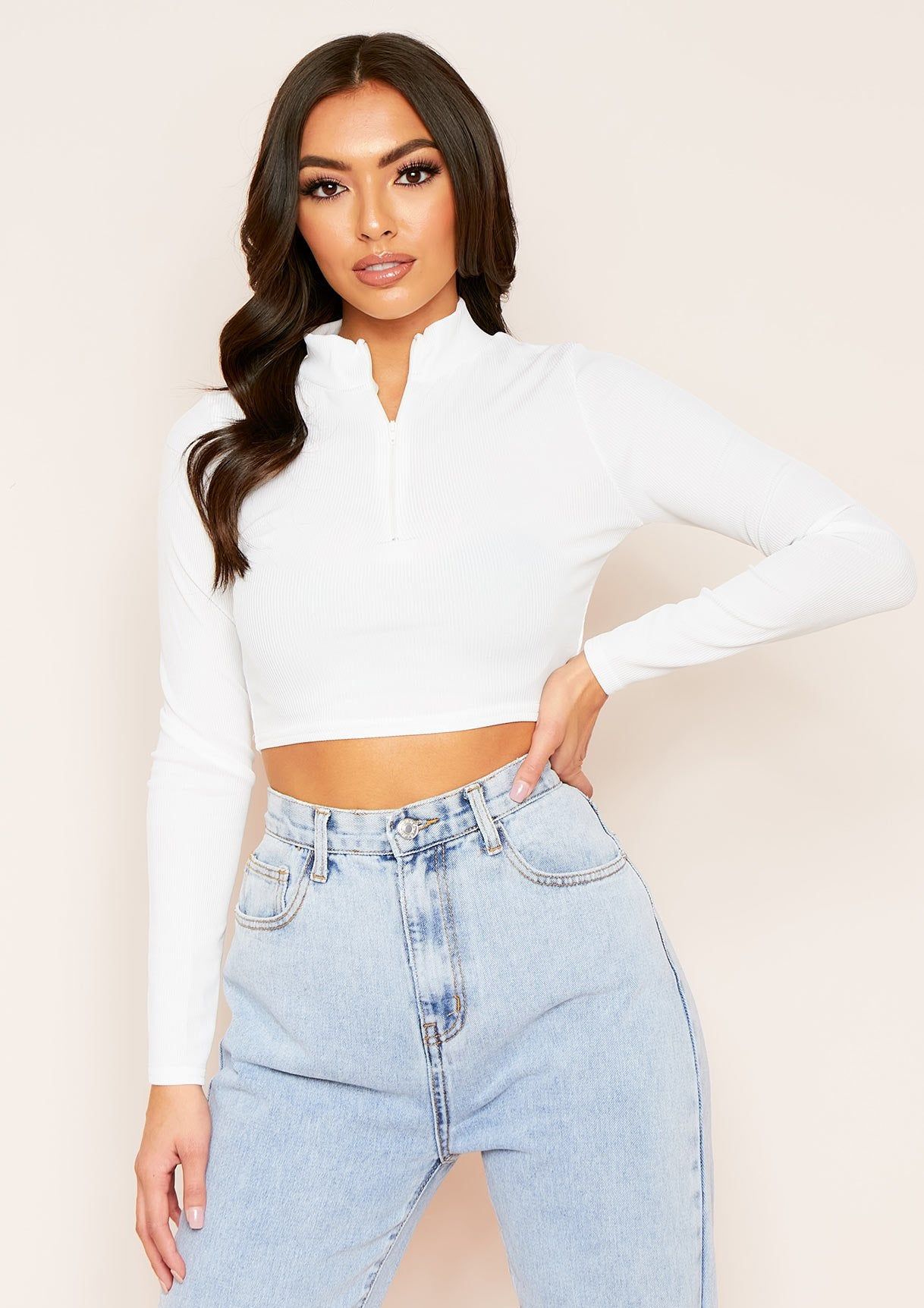 Amaka White Zip Up Long Sleeve Ribbed Crop Top sold by Missy Empire
