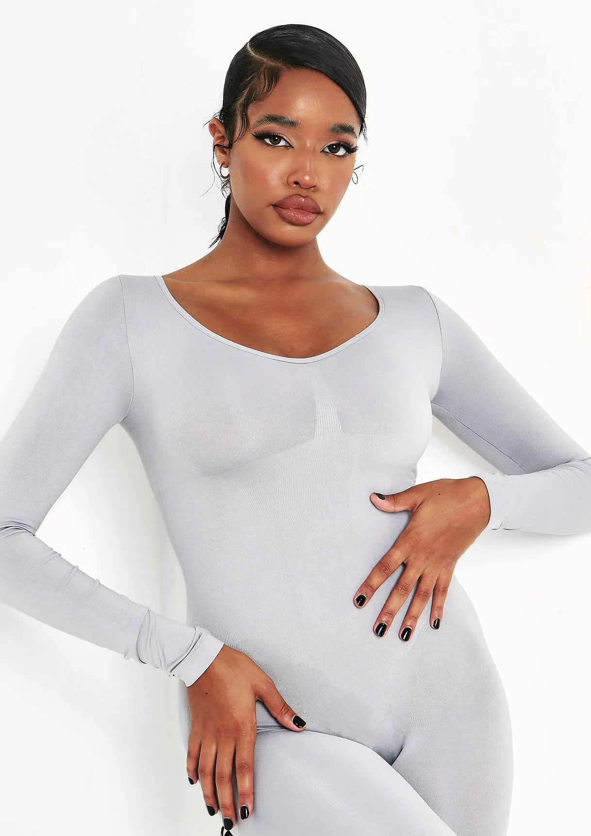 Amelia Grey Seamless Long Sleeve Plunge Jumpsuit sold by Missy Empire product image thumbnail 2
