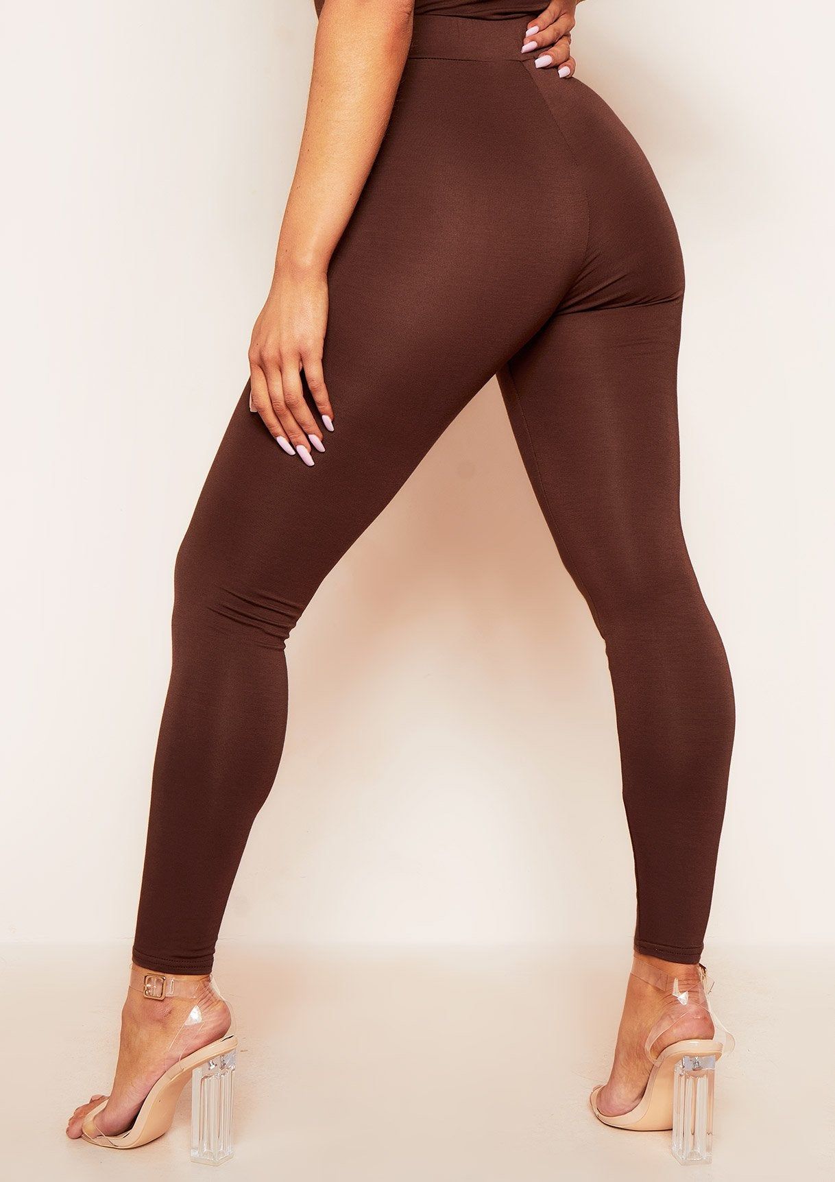 Carrie Chocolate High Waisted Basic Jersey Leggings sold by Missy Empire product image thumbnail 4