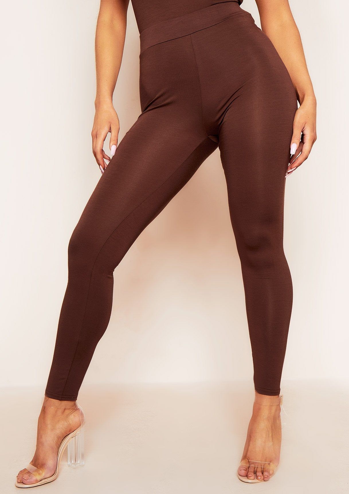 Carrie Chocolate High Waisted Basic Jersey Leggings sold by Missy Empire product image thumbnail 2