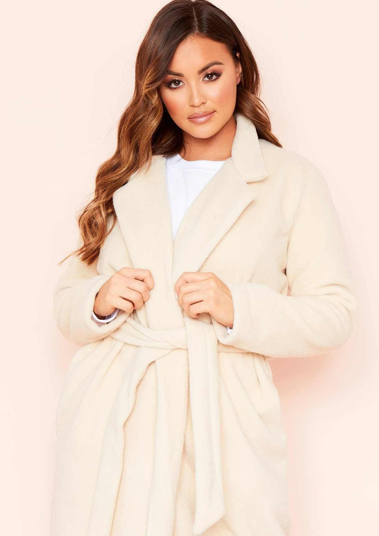 Avarel Cream Longline Belted Wool Coat sold by Missy Empire product image thumbnail 3