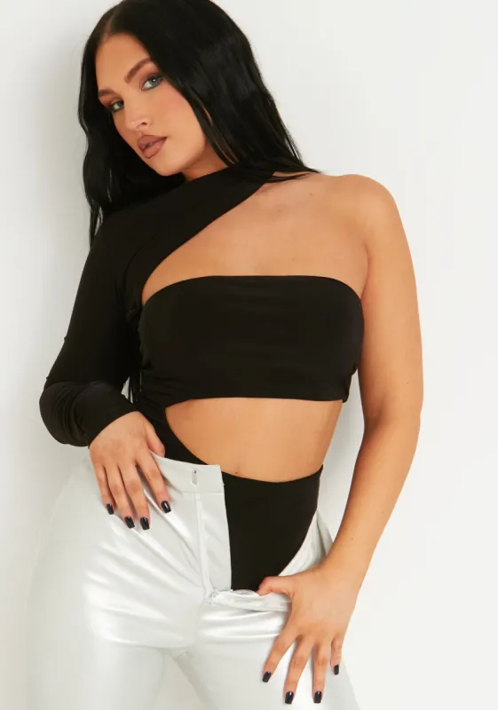 Yasmine Black One Sleeve Cut Out Bodysuit sold by Missy Empire