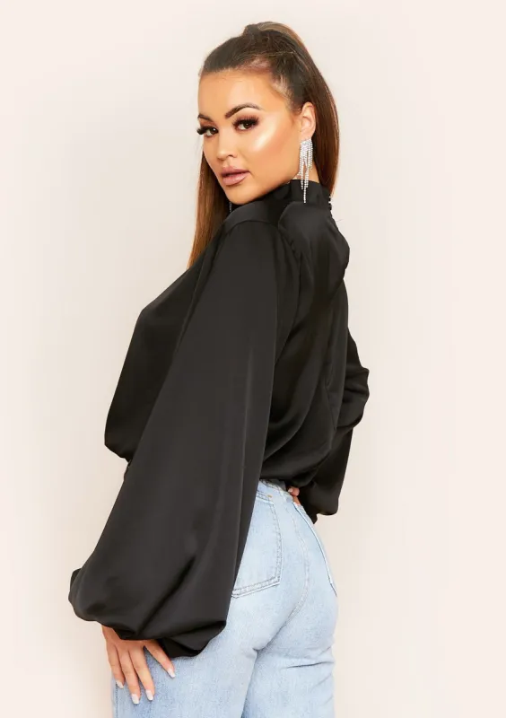 Seeta Black Balloon Sleeve Satin Blouse sold by Missy Empire