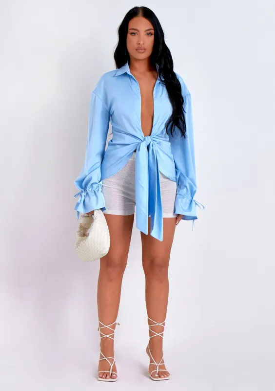 Aphrodite Blue Plunge Drape Detail Shirt sold by Missy Empire