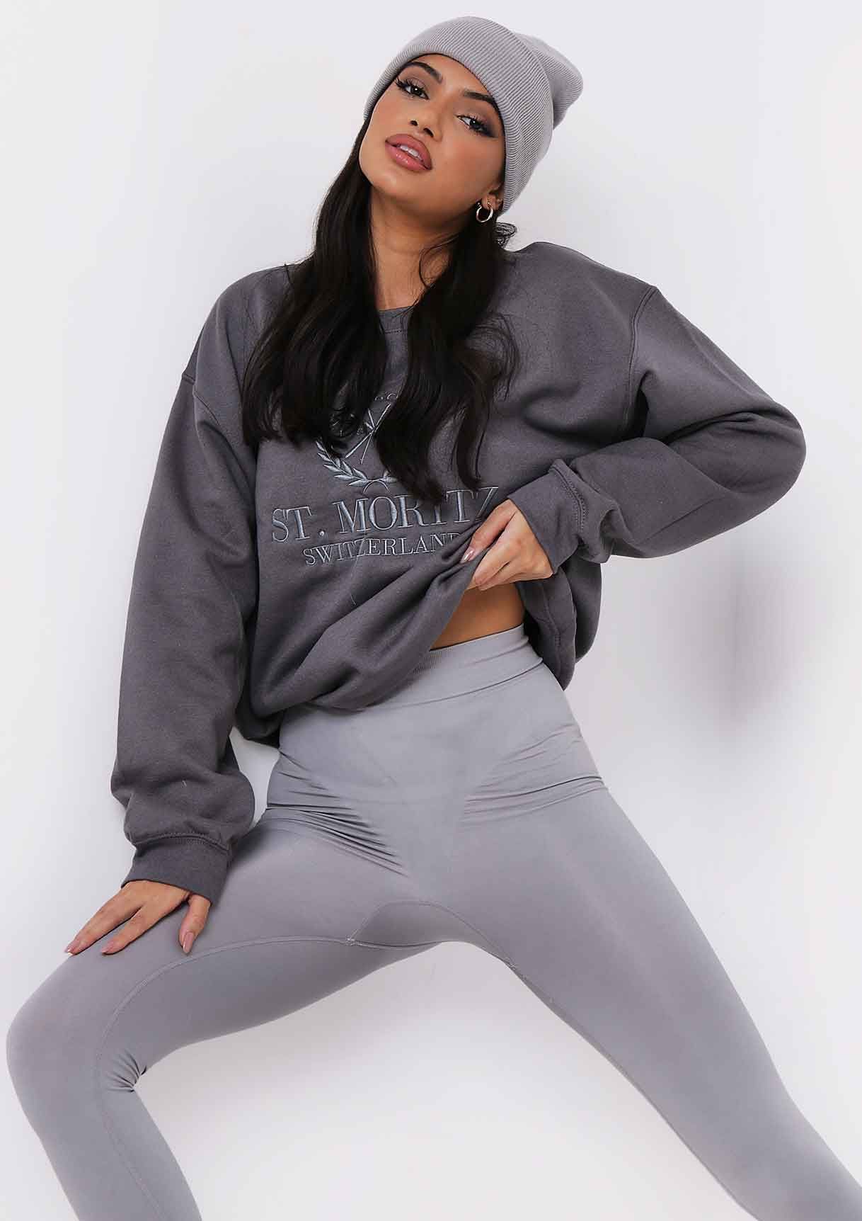 Halyn Charcoal St. Moritz Slogan Oversized Sweatshirt sold by Missy Empire