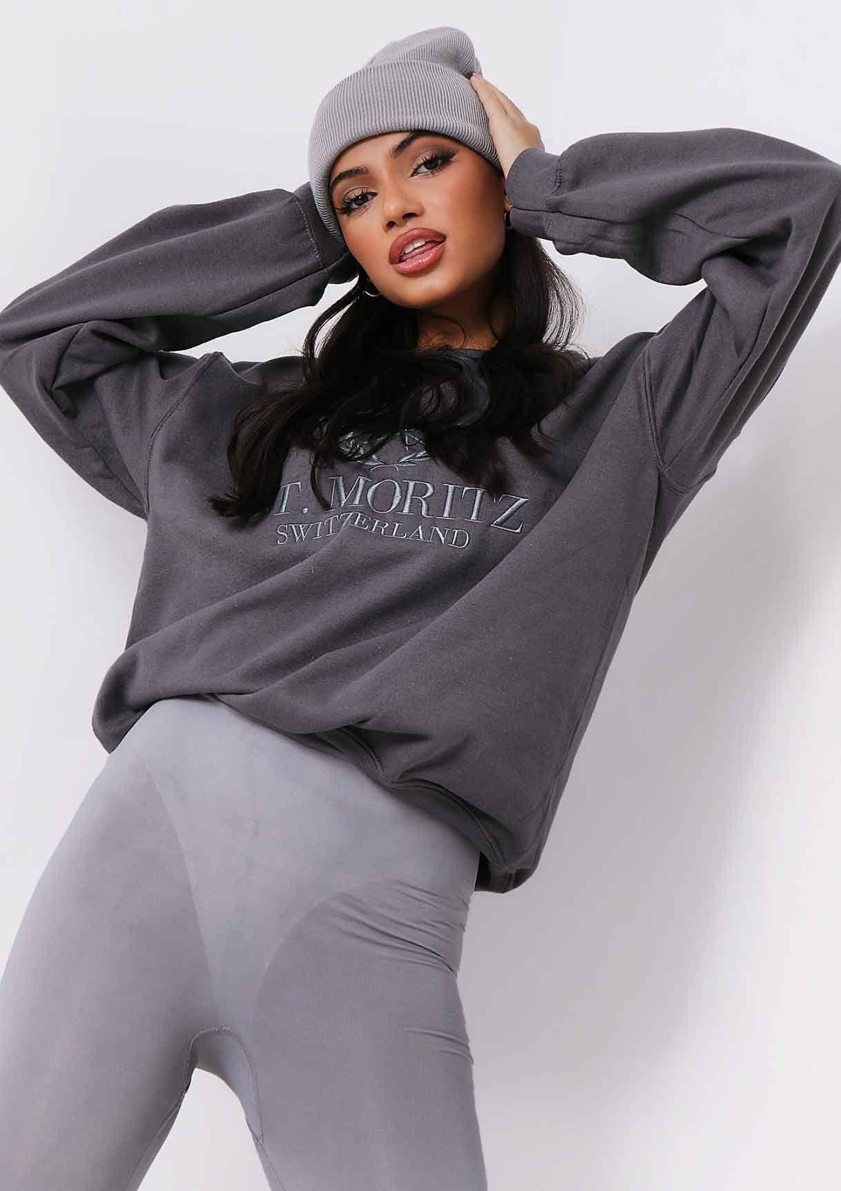 Halyn Charcoal St. Moritz Slogan Oversized Sweatshirt sold by Missy Empire product image thumbnail 2