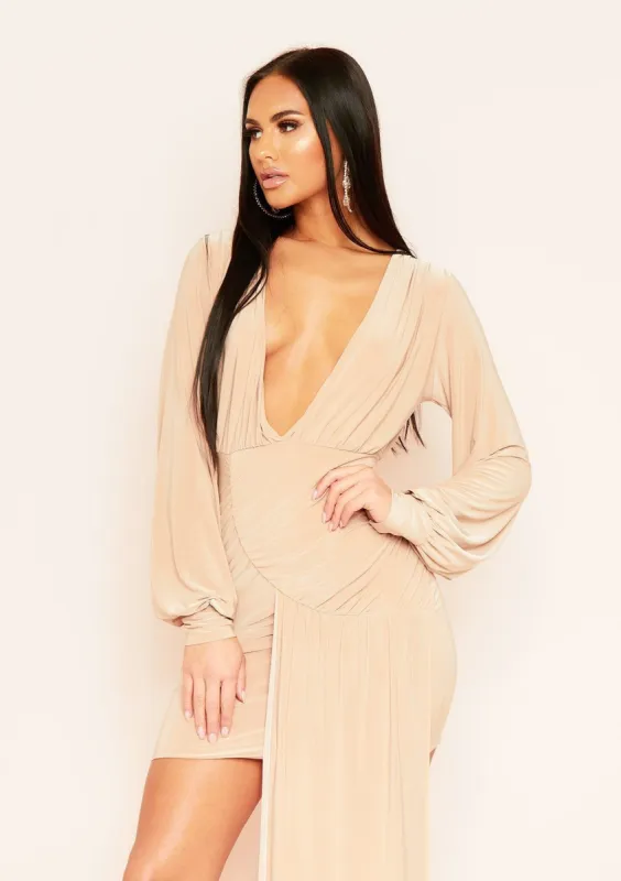 Cadenza Champagne Plunge Drape Mini Dress sold by Missy Empire