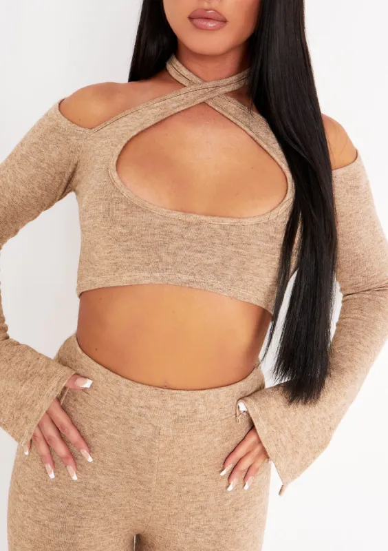 Helena Beige Knitted Halterneck Cut Out Crop Top sold by Missy Empire