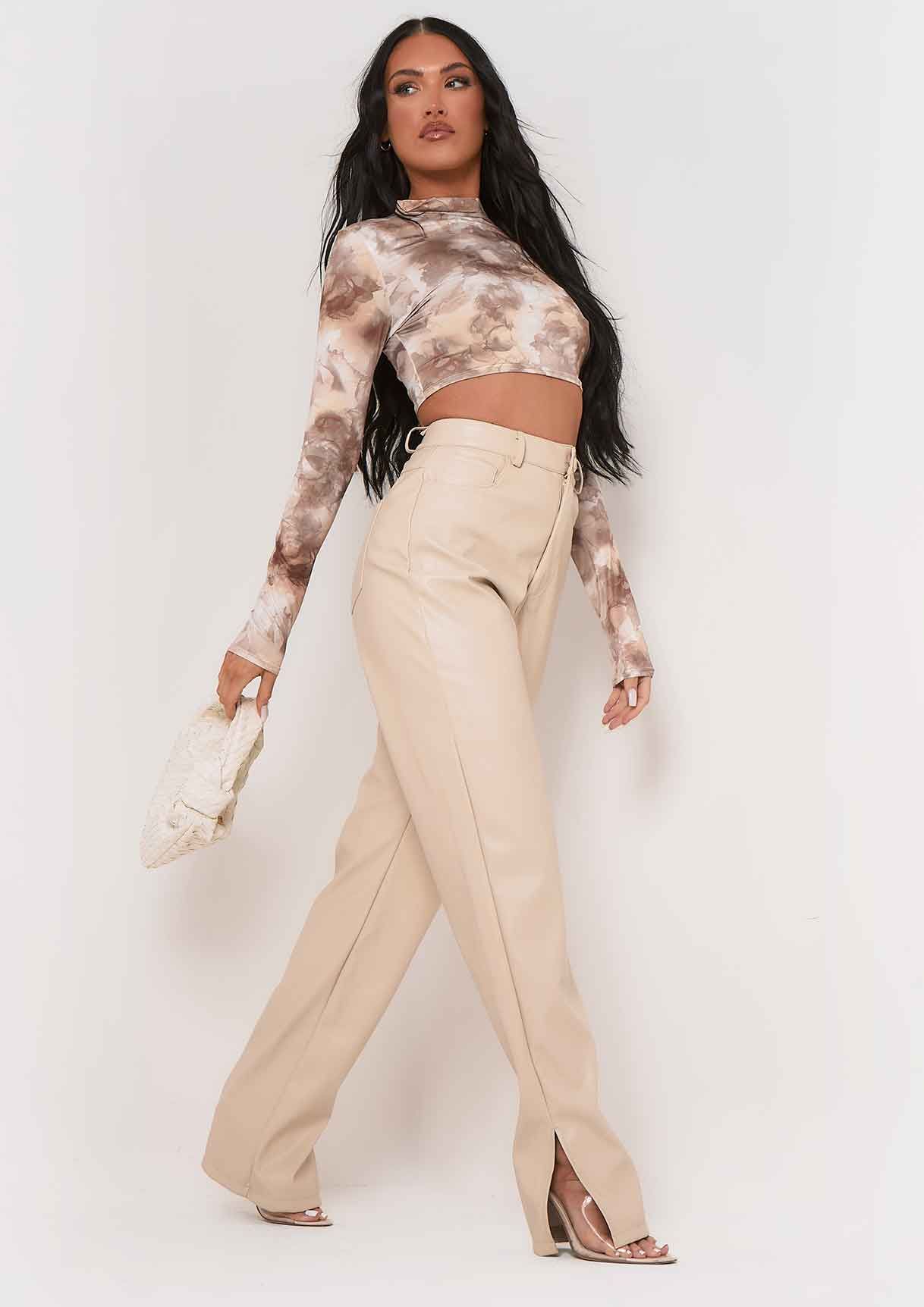 Alice Beige Smoke Print High Neck Long Sleeve Slinky Crop Top sold by Missy Empire product image thumbnail 2
