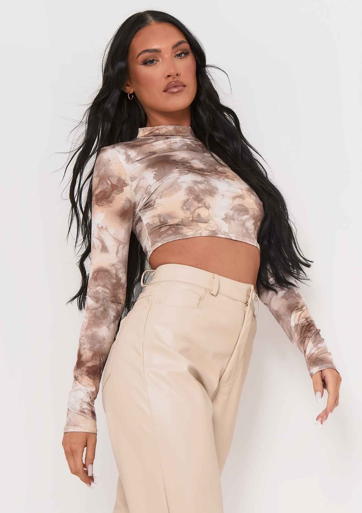Alice Beige Smoke Print High Neck Long Sleeve Slinky Crop Top sold by Missy Empire