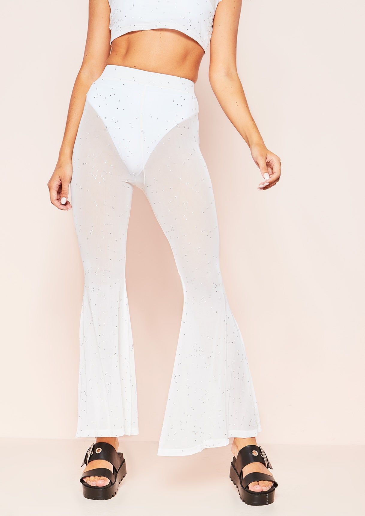 Emily White Mesh Beaded Flare Trousers sold by Missy Empire product image thumbnail 3