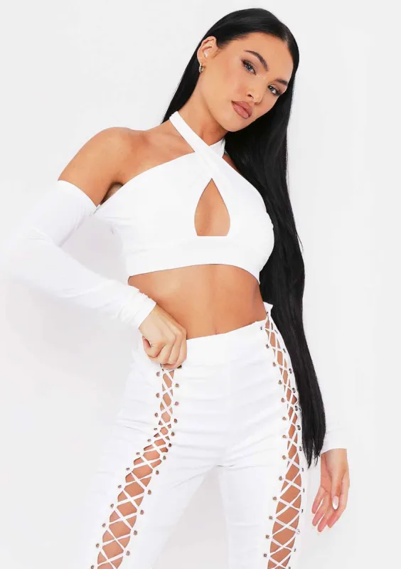 Saoirse Ivory Cross Halterneck Top With Sleeves made by Missy Empire