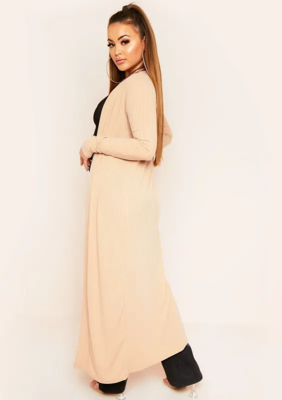 Fabiana Beige Ribbed Jersey Maxi Cardigan sold by Missy Empire