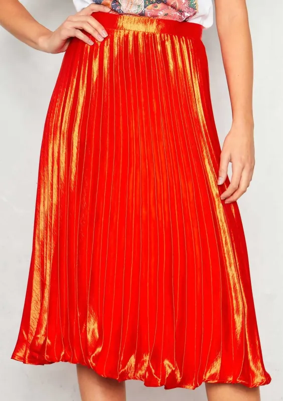 Kati Orange Pleated Midi Skirt sold by Missy Empire