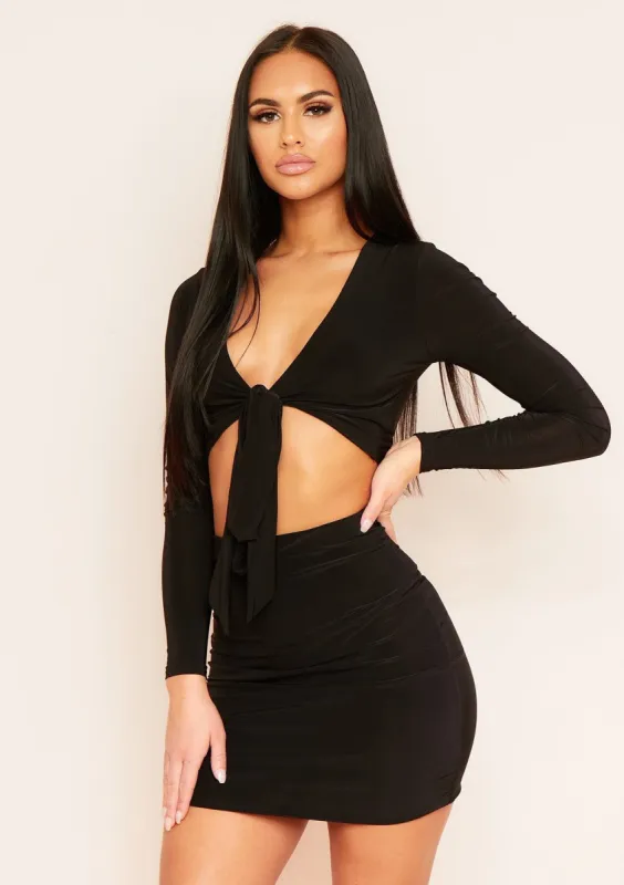 Genoa Black Slinky Tie Front Top sold by Missy Empire