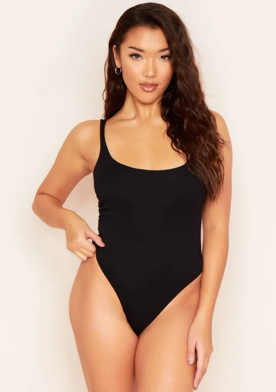 Allison Black Double Thick Square Neck Vest Bodysuit sold by Missy Empire