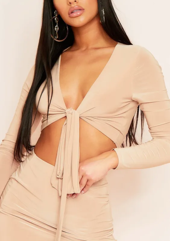 Genoa Champagne Slinky Tie Front Top sold by Missy Empire
