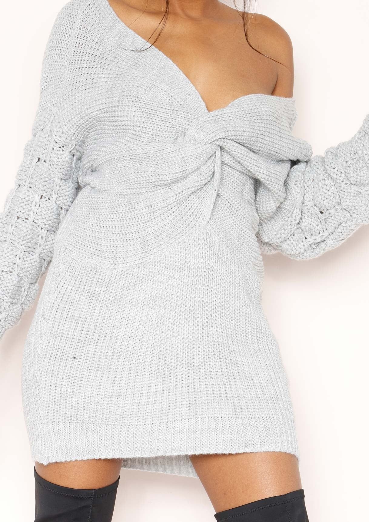 April Grey Knit Knot Detail Jumper Dress sold by Missy Empire product image thumbnail 2