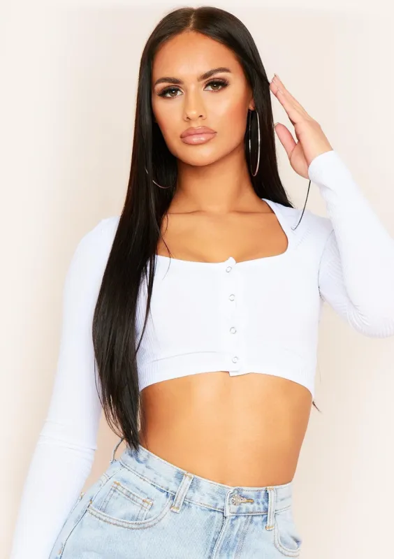 Tavia White Popper Ribbed Crop Top sold by Missy Empire