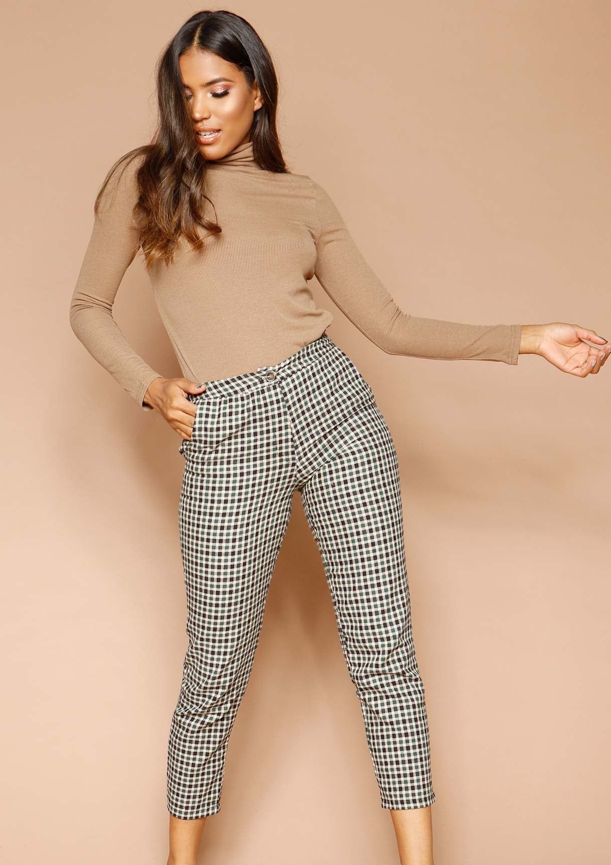 Nena Green Checked Trousers sold by Missy Empire