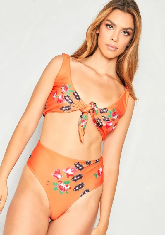 Jess Orange Floral Tie Front Bikini sold by Missy Empire