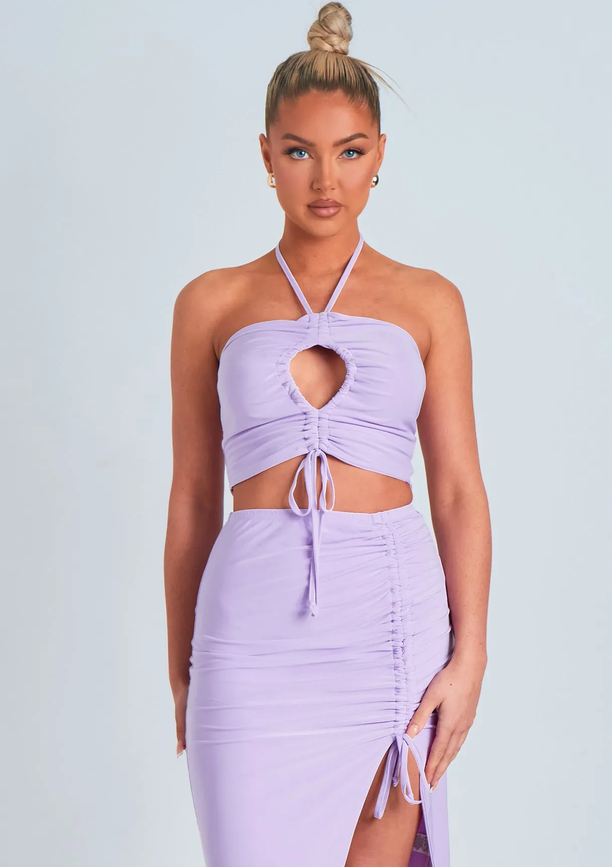 Naliyah Lilac Keyhole Cut Out Halter Neck Slinky Top sold by Missy Empire