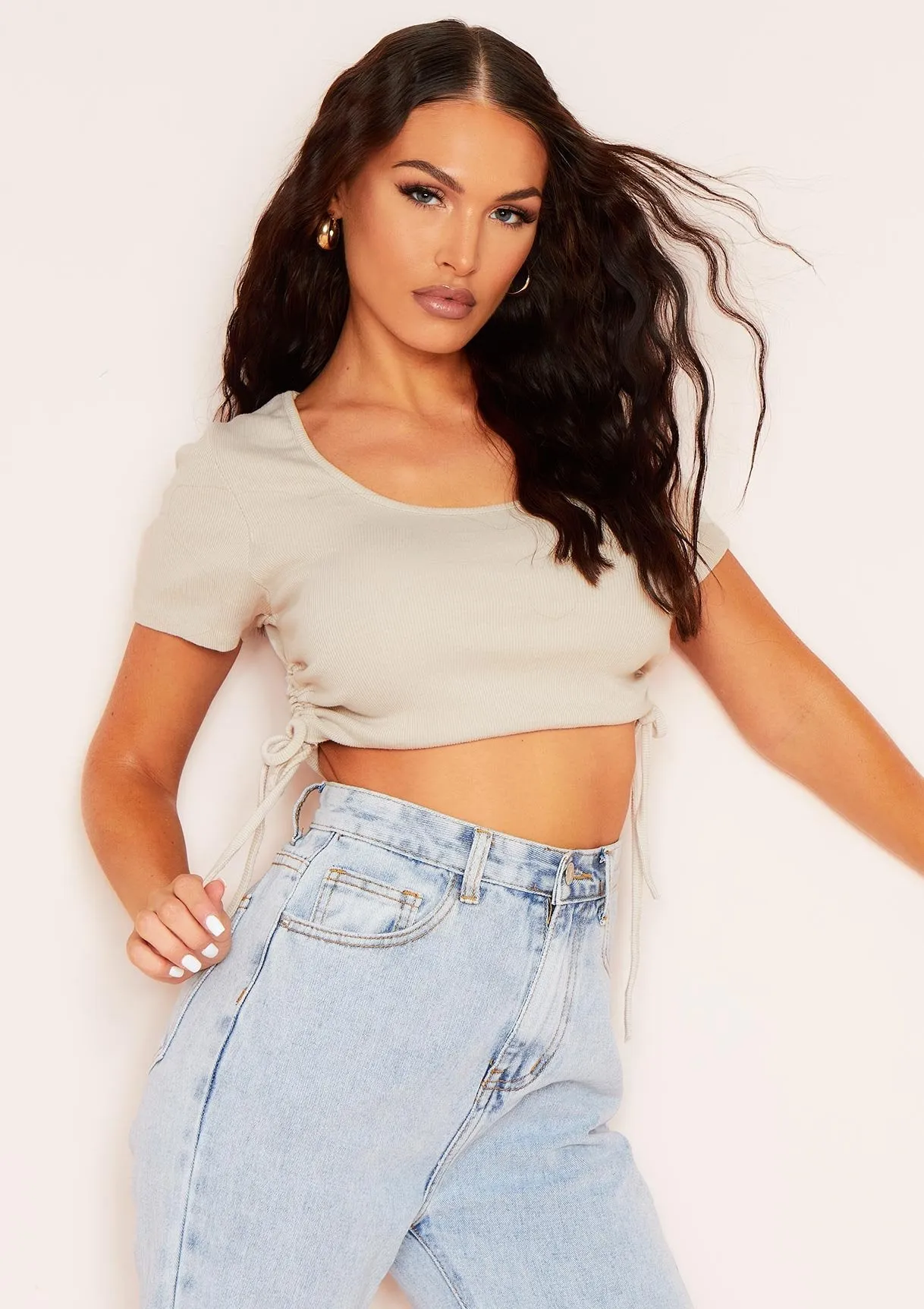 Karin Beige Ruched Side Crop Ribbed T-Shirt sold by Missy Empire product image thumbnail 2