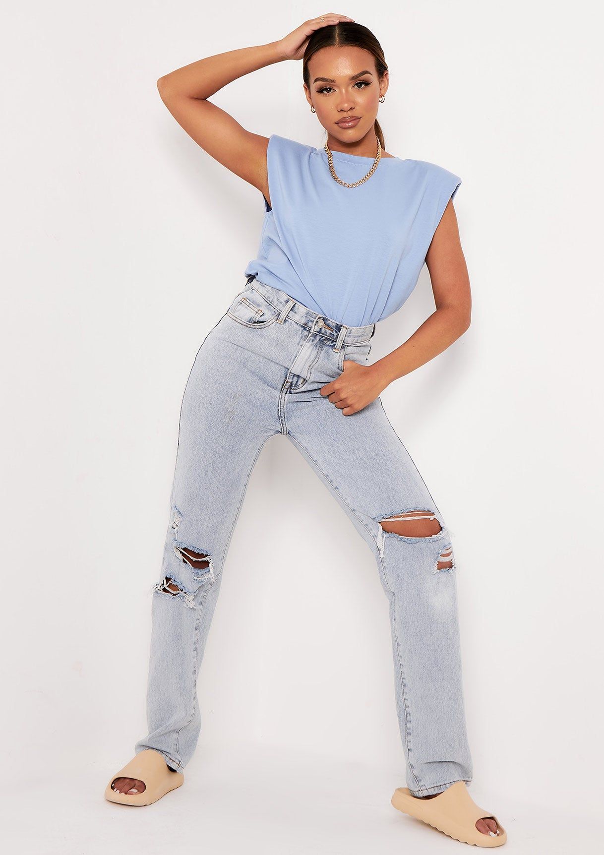 Susana Blue Padded Shoulder Oversized T-Shirt sold by Missy Empire product image thumbnail 4