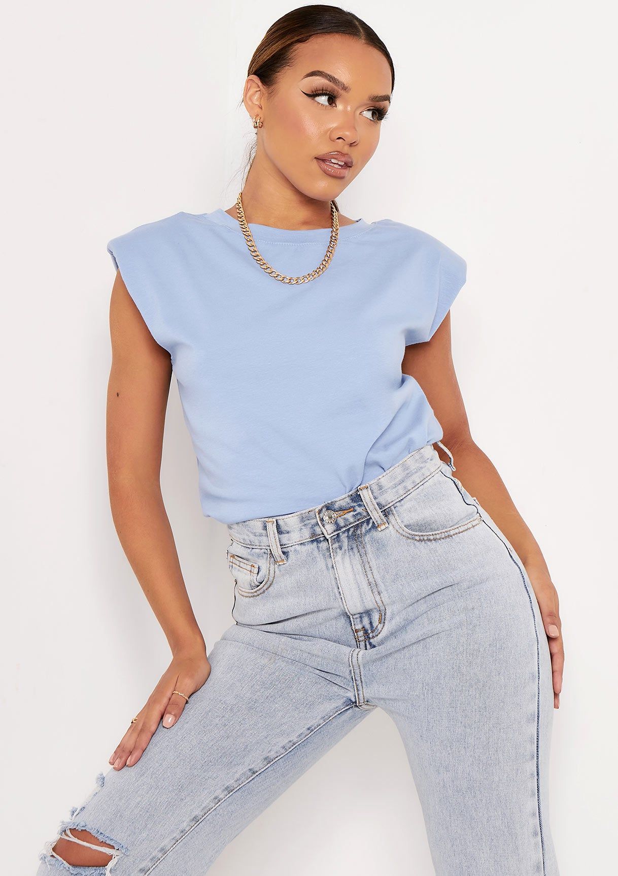 Susana Blue Padded Shoulder Oversized T-Shirt sold by Missy Empire