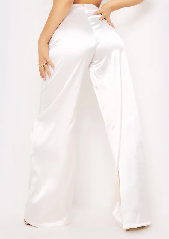 Jocelyn Ivory Satin Wide Leg Trousers sold by Missy Empire