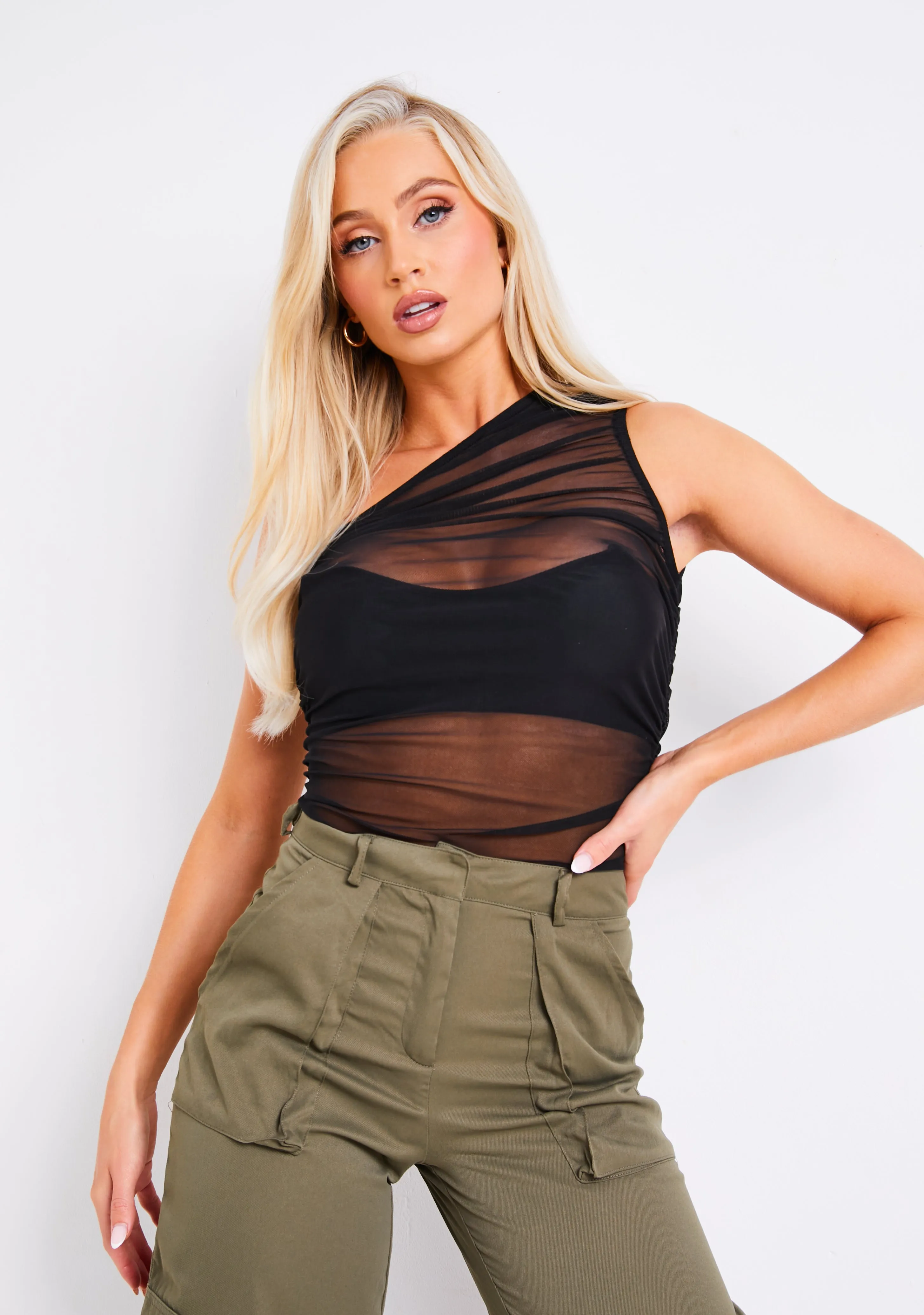 Shayan Black Mesh One Shoulder Bodysuit sold by Missy Empire