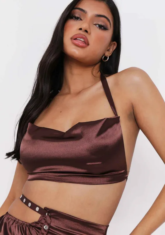 Fabiana Chocolate Halterneck Satin Metal Strap Top sold by Missy Empire